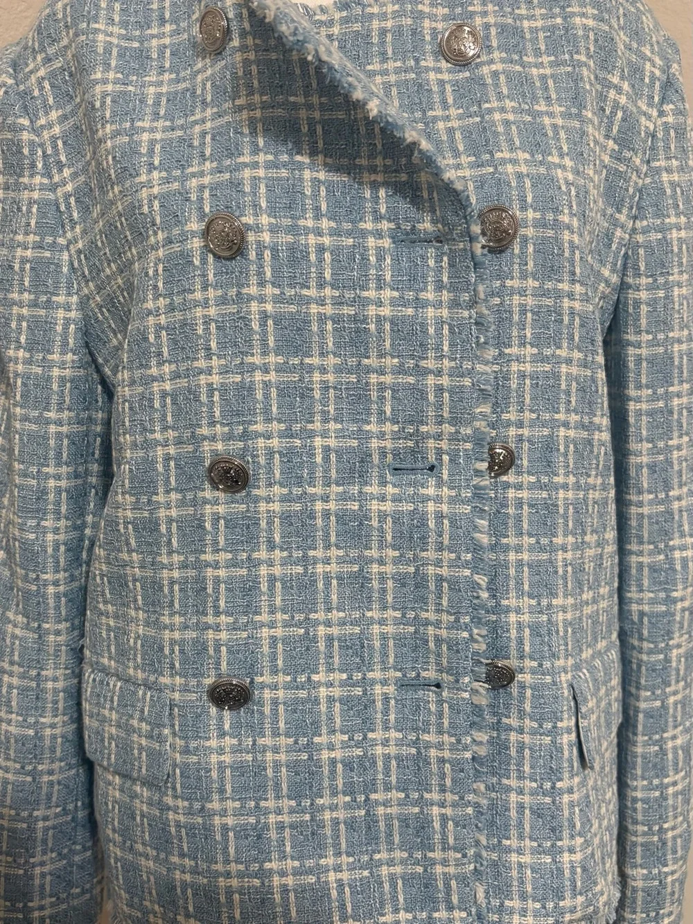 Ann Taylor Factory Sky Blue & White Tweed Double-Breasted Blazer